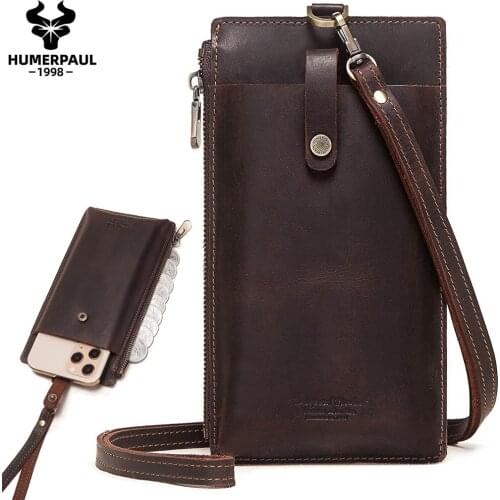Crazy Horse Leather Men Wallet Mobile Phone Bag Zipper Buckle Mini Crossbody Bags