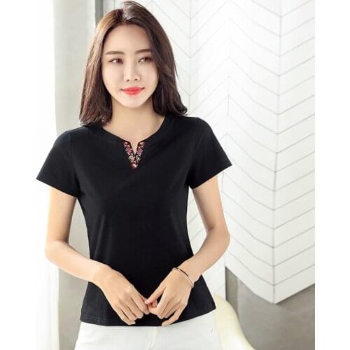Korea style summer V-neck cotton embroidered t-shirt Womens t-shirt fashion slim casual tops ladies short-sleeved tees