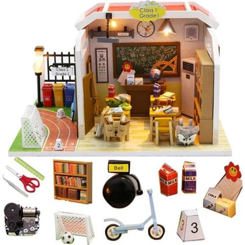 1:24 Classroom Miniature Dollhouse kit Assemble Roombox Wooden Model Building Doll House Furniture Christmas Gift Toys For Boys