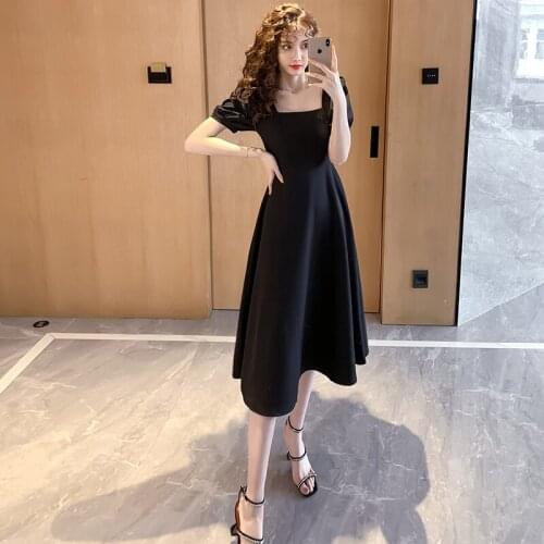 Fashion Women Short Sleeve dress casual high waist Square collar Midi Dress Ladies Summer Black Dresses
