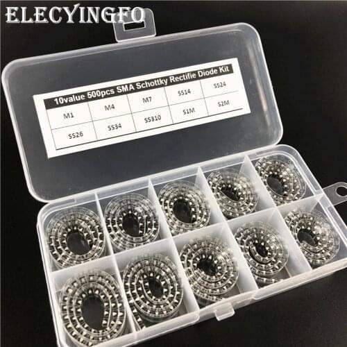 10Values x50 500pcs SMD M1 M4 M7 SS14 SS24 SS26 SS34 SS310 S1M S2M SMA Schottky Rectifie Diode Kit