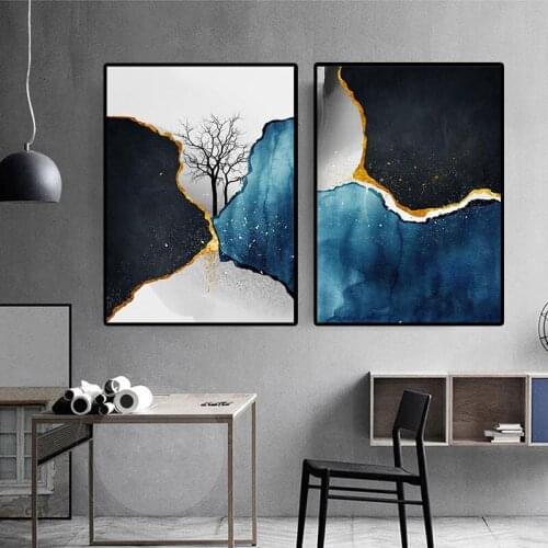 HD Blue Gold Black Marble Wall Art Canvas Painting Mural Poster and Printmaking Printing Art Cuadros Home Decor Picture