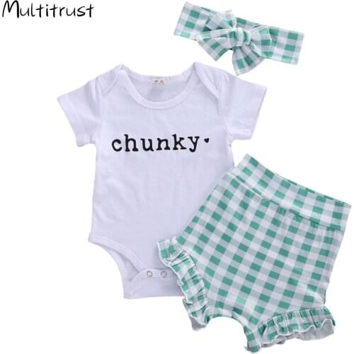 0-24M Autumn Baby Girls Boys Clothes Sets Long Sleeve Letter Bodysuit Tops Ruffles Plaid Shorts Headband 3pcs