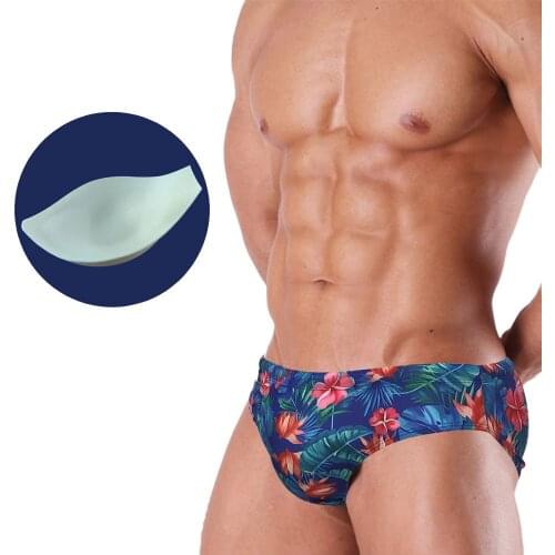 Men Swim Briefs Green Leaf Printed Triangle Trunks With Push Pad Quick Dry Drawstring Shorts Beach Swimming Pool