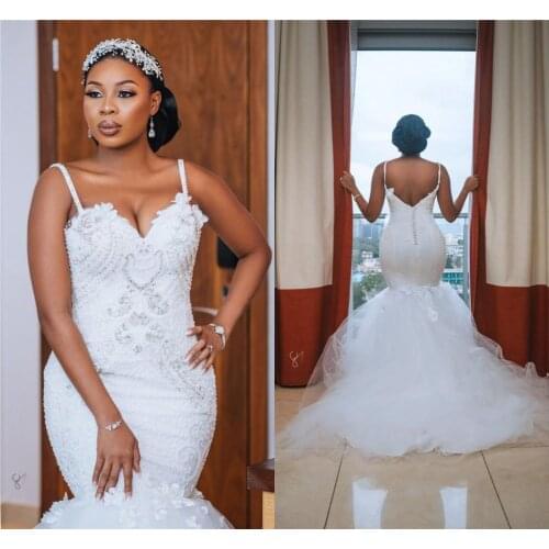 Luxury Spaghetti Mermaid Wedding Dresses Full Lace Applique Open Back PLus Size African Chapel Train Bridal Gowns