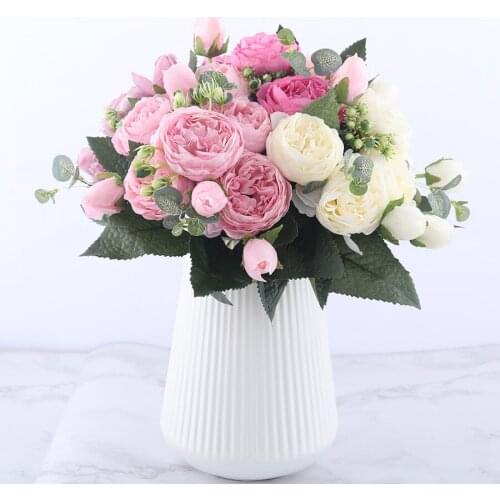 30cm Rose Pink Silk Peony Artificial Flowers Bouquet 5 Big Head and 4 Bud Cheap Fake Flowers for Home Wedding Decoration indoor