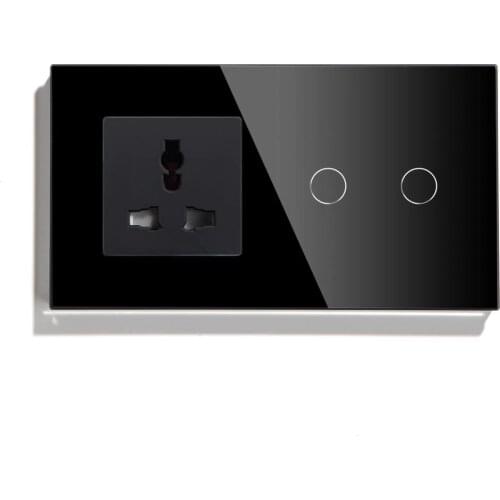 BSEED EU Touch Switch 2 Gang 1 Way 2 Way Wall Switch 157mm With Multifunction Socket Crystal Glass Panel White Black Gloden