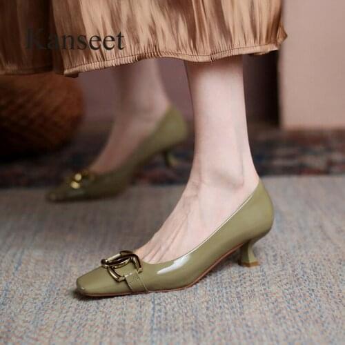 Kanseet Womens Shoes 2021 Autumn New Mid Heels Cow Patent Leather Metal Buckle Handmade Party Square Toe Shallow Women Pumps
