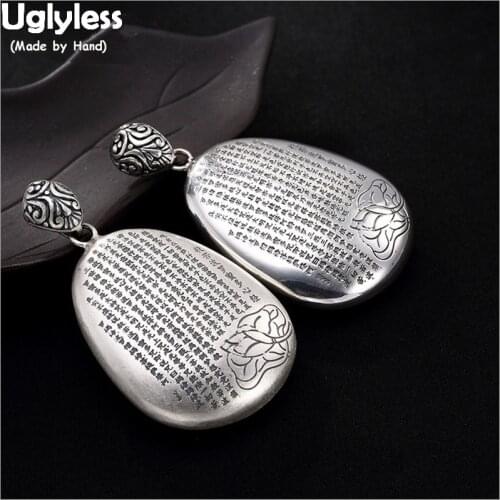 Uglyless Real 99.9% Fine Silver Lotus Flower Buddhism Pendants for Women Waterdrop Necklaces NO Chains Heart Sutra Fine Jewelry