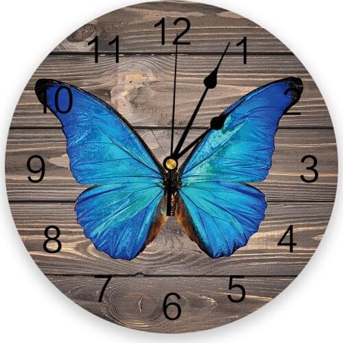 Vintage Wooden Texture Blue Butterfly Modern Wall Clock For Home Office Wall Decoration Living Room Bathroom Decor Hanging Watch