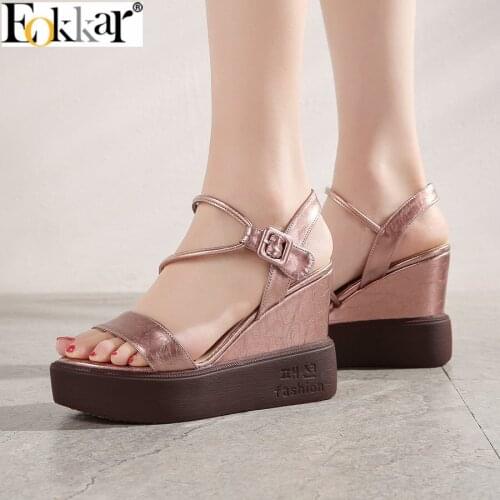 Eokkar 2019 Women Open Toe Wedges High Heels Sandals PU Leather Buckle Strap Flip Flops Sliver Casual Platform Shoes Size 34-39