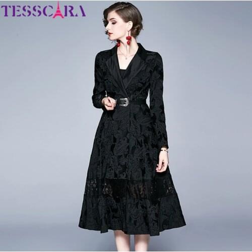 TESSCARA Women Autumn Long Elegant Jacquard Blazer Trench Coat Female Spring Lace Vintage Designer Oversize Outerwear & Coats