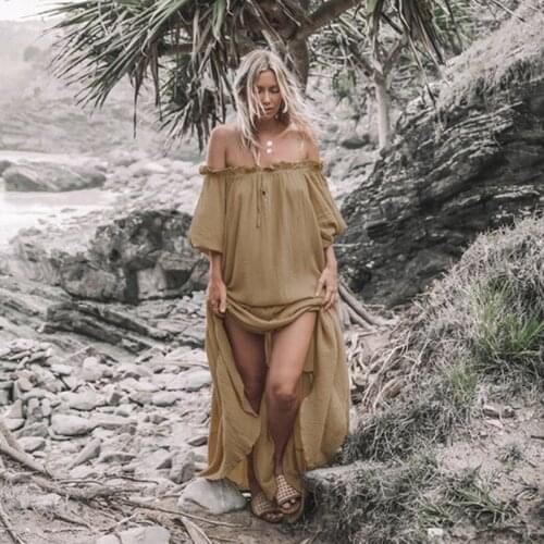 2019 New Summer Dress Fashion Casual Trendy Temperament Solid Large Size loose Short Sleeve Slash Neck Long Dress Women ZW174