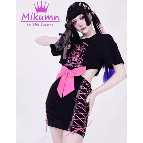 Harajuku Fashion Pink Bow Lace-Up High Waist Hollow Out Design Print T Shirt Dress Women Mini Vestido Streetwear Mujer Robes