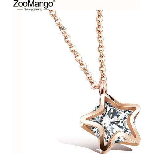 ZooMango New Star Mosaic Cubic Zirconia Pendant Necklace Titanium Steel Rose Gold Color Chic Star Pendant Women Necklace ZN17066
