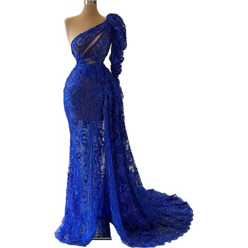 Royal Blue Lace One Shoulder Chic Woman Evening Dresses Mermaid Sweep Train Party Dress robes de soirée femme chic