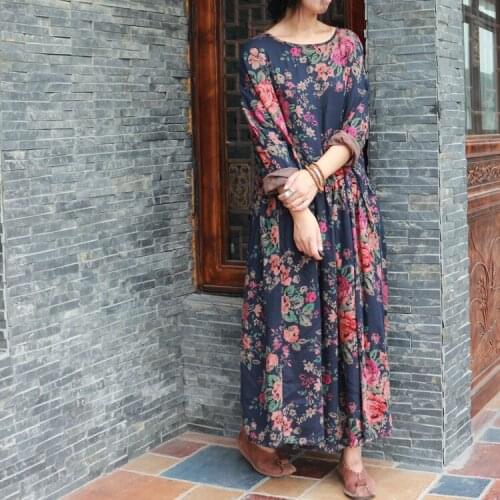 2021 Women Vintage Loose Floral Print Dress Retro Comfortable Washed Double Layer Cotton Loose Flower Print Plus Size Dress