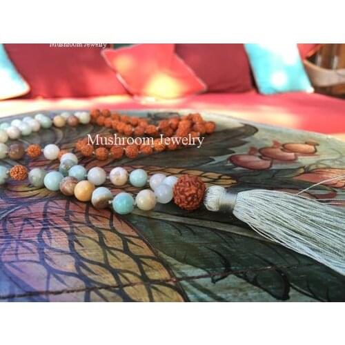 108 AMAZONITE Beasds Boho Yoga Mala Long bEADED Tassel Necklace