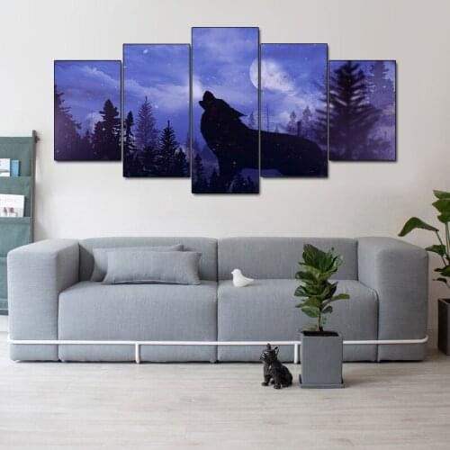 Snow Wolf Howl 5 Panel Art Canvas Print Painting Animal Purple Landscape Wall Picture Living Room Modern Home Decoration Poster