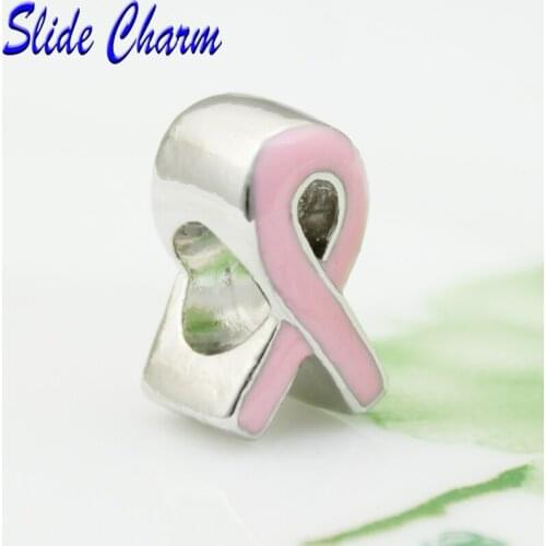 Slide charm Free shipping pink ribbon charm beads fit Pandora bracelet