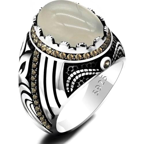 Pure 925 Sterling Silver Men Agate Ring Vintage Natural Oval Gemstone Male Ring Turkish Handmade Jewelry Husband Father Son Gift