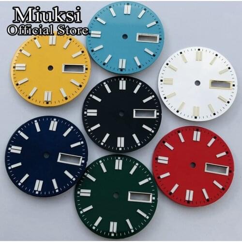 Miuksi 29mm black silver blue green red yellow watch dial C3 luminous sterile dial fit NH36 movement