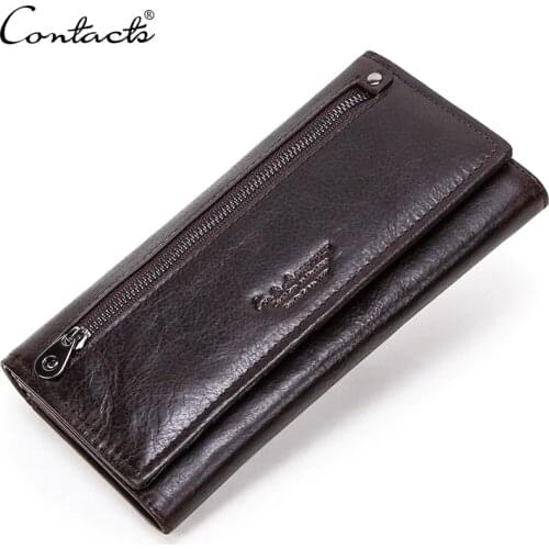 CONTACTS Genuine Leather men long Wallets with zipper coin purse large capacity male clutch wallet for iPhone passport Cartera
