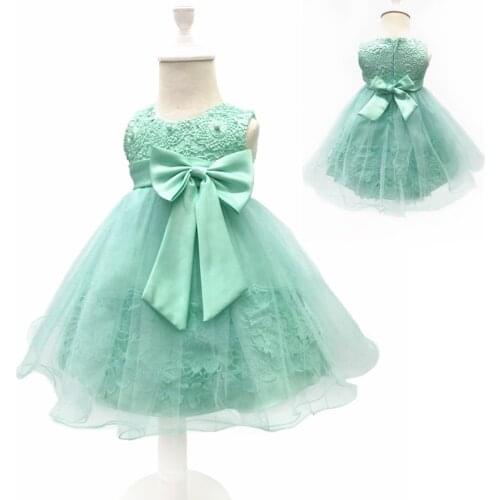 New Baby Flower Girls Christening Dresses Toddler Kids Sleeveless Cotton Lining Lace Dresses with Bow Infant Baptism Dress