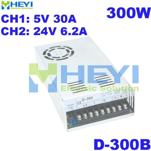 110 / 220VAC 300W dual switching power supply D-300B 5V 30A & 24V 6.2A ac to dc voltage converter