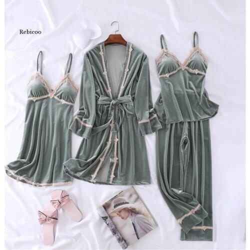 Women Velvet Pajamas Sets 4Pcs Sexy Night Suit Nightwear Solid Color Sleep Lounge Female Home Clothing Homewear with Chest Pads