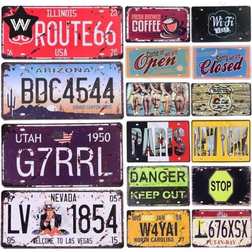 Route 66 Metal Sign Car License Tin Plaque Coffee Movie Wall Stickers Vintage Wall Art Tin Signs for Garage Man Cave Metal Decor