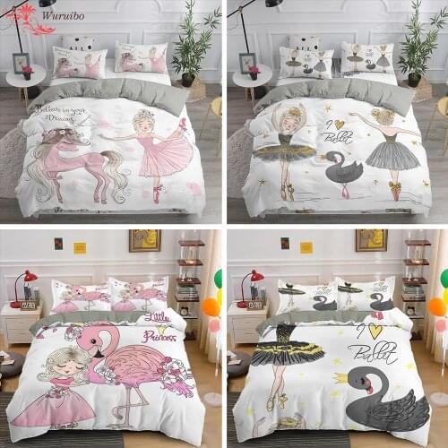 Cute Ballet Girl Bedding Set Princess Style Black Swan/Flamingo/Unicorn Duvet Cover Pink Quilt Single Twin King Queen Bedclothes