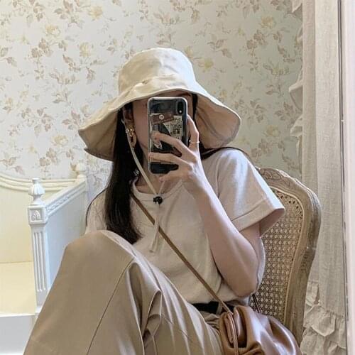 New Spring Summer Solid Color Bucket Hat UV Protection Sun Hat All-match Big Wide-brim Visor Women Sunscreen Fishermans Caps