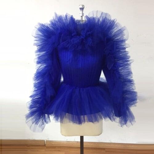 Real Image Royal Blue Tulle Women Blouse Ruffles Mesh Women Top Full Sleeves Fashion Women Blouse 2021