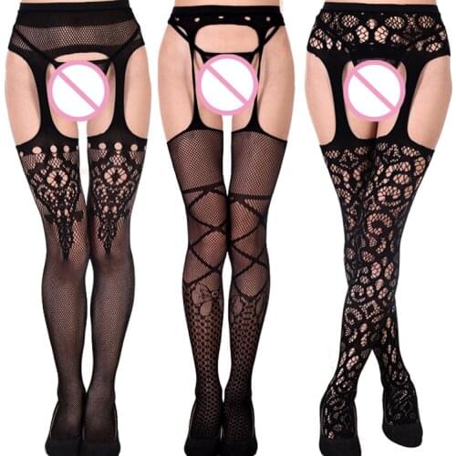 Sexy Women Lace Hollow Out Fishnet Pantyhose Pants Thigh-Highs Stockings Garter Belt Suspender Underwear Erotic Lingerie Black