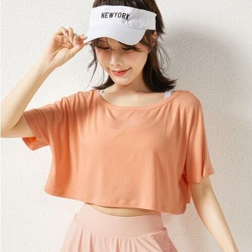 Loose Sports Short sleeve Fitness Workout Crop Tops Quick Drying Female Sexy yoga Shirt Blouses Sports Activewear