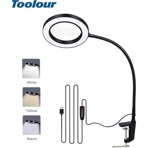 Toolour USB 5X Magnifying Glass LED LightTable Clamp Flexible Arm Large Lens Desk Lamp for Reading Working Illumination Tool