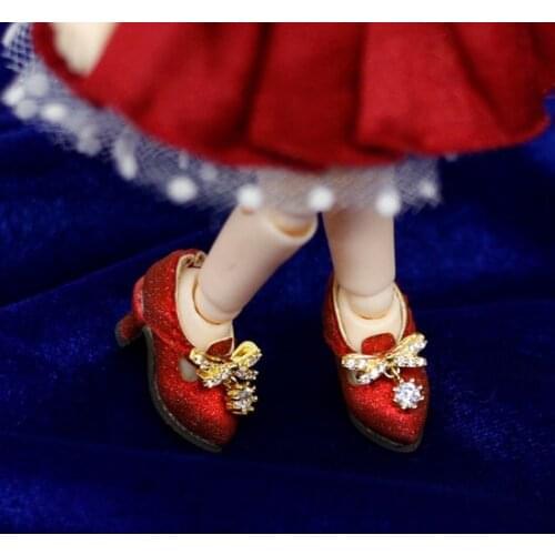 OB11 doll shoe size fashion high pointed leather shoes with bowknot studded diamond star high heels rose gold champagne color