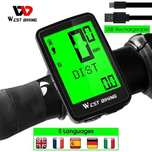 WEST BIKING USB Rechargeable Bicycle Computer Wireless Waterproof Backlight Cycling Odometer 5 Languages MTB Bike Speedometer