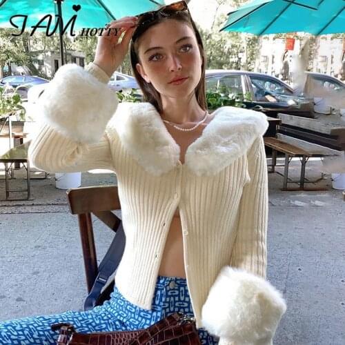 Y2K Feather Patched Knitted Cardigan Women White Elegant V Neck Button-down Korean Long Sleeve Knitwear Outfits Sweater Iamhotty