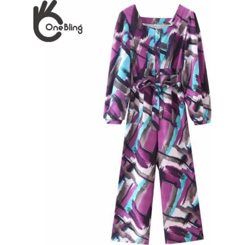 OneBling Za Woman 2021 Geometric Print Puff Sleeve Button High Waist Straight Ankle Length Casual Jumpsuit Autumn Rompers