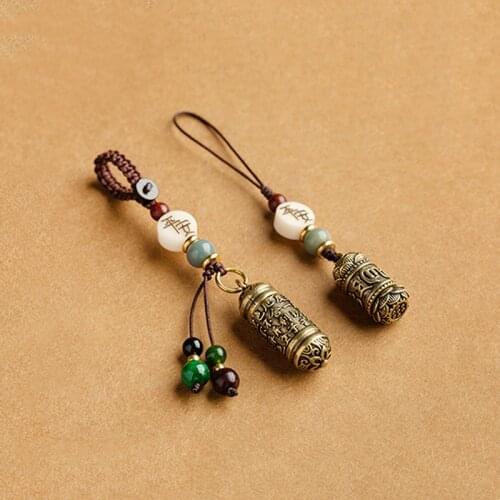 1pcs Brass Six Words Mantra Buddhist Car Keychain Pendant Handmade Sutra Amulet Copper DIY Keyrings Gifts Bag Accessories