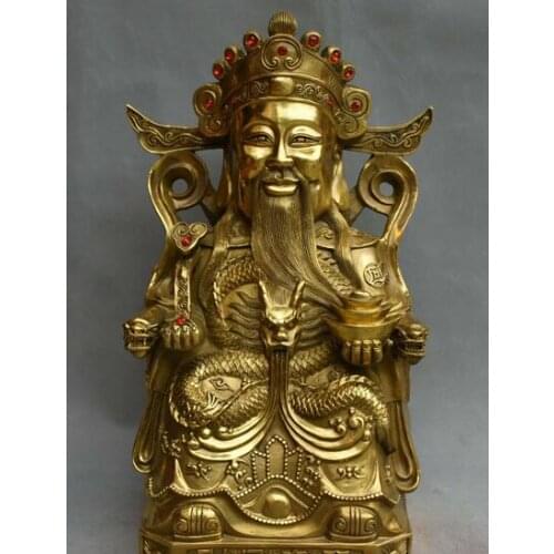 15" China Bronze Fengshui Dragon Mammon Money Wealth God Yuanbao Ruyi Statue