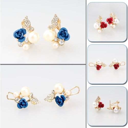 2pcs Vintage Red Rose Butterfly Earring Women Rhinestone Crystal Bead Flower Stud Earrings Fashion Wedding Jewelry Gift