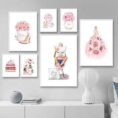Fashion Wall Art Canvas Painting Perfume High Heels Makeup Poster Pink Floral Girl Print Picture Beauty Room Salon Decoration