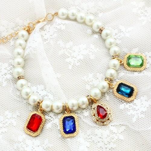 Free Shipping Adjustable Handmade Dog Accessories Luxury Pearl Gemstone Pendant Pet Necklace Jewelry Sparkly Cat Poodle Maltese