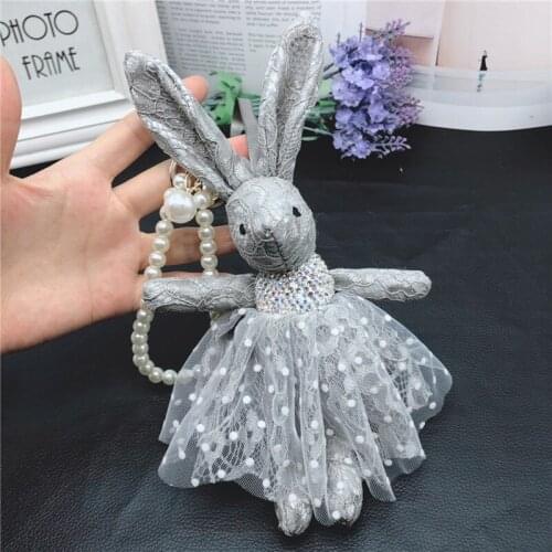 New Fashion Lovely Rabbit Lace Dress Bowknot Crystals Fur Pom Pom Keychain Artificial Pearls Embellishment Key Ring 22CM