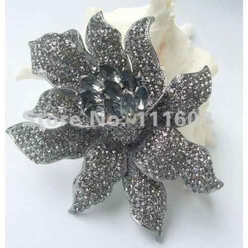 3.94" Gorgeous Gray Rhinestone Crystal Rose Flower Brooch Pin Costume Jewelry EE04616C2