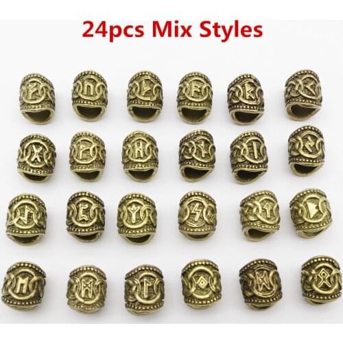 24pcs/5pcs Bronze Viking rune Hair Braid Dread Dreadlock beard Beads rings Tubes For men women Hair Accessories