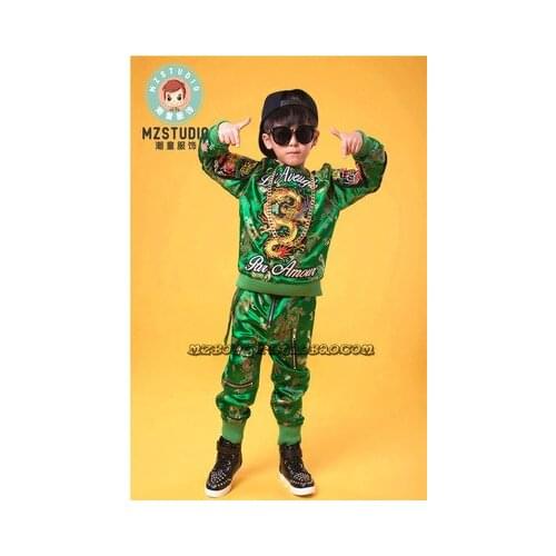 Chinese style childrens costumes kids Boys Girls hip-hop street dance party stage costumes robe embroidery green set coat+pants